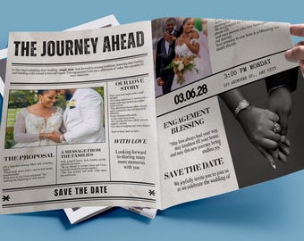 新聞のSave the Dateテンプレート、カスタマイズ可能な結婚式のお知らせ（デジタルPDF）