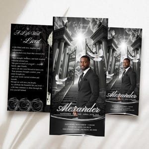 ブラックローズの三つ折り葬儀プログラムテンプレート、編集可能なCanva死亡記事、エレガントな追悼プログラム、印刷可能なパンフレット、すぐにダウンロード