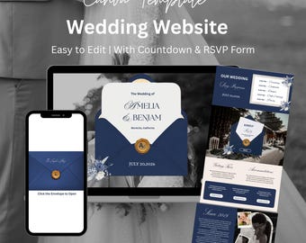Invitación de boda animada en azul noche y blanco – Plantilla Canva azul océano, música y confirmación de asistencia (descarga digital)