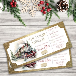 Peut inclure: Deux billets dorés à paillettes pour un trajet en train Polar Express. Les billets présentent une illustration à l'aquarelle d'un train vintage, le texte "The Polar Express" et un espace pour remplir les détails. Thème de vacances festif.
