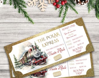 May include: Two gold glitter-edged Polar Express train ride tickets. The tickets feature a watercolor illustration of a vintage train, text that reads "The Polar Express," and space to fill in details. Festive holiday theme.