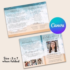 May include: A folded funeral program with a blue and white ocean wave design. The front cover features the text "Celebrating the Life of Olivia Martin" and a photo of a young woman. The back cover includes a photo collage, the text "Acknowledgement" and "Arrangement", and the date and location of the memorial service.
