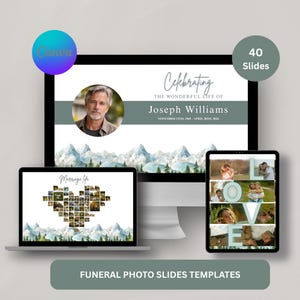 May include: A digital display of funeral photo slide templates on a laptop, desktop monitor, and tablet. The desktop monitor displays a memorial with a photo and text. The tablet shows photos spelling out the word "LOVE". The laptop displays a heart-shaped collage.