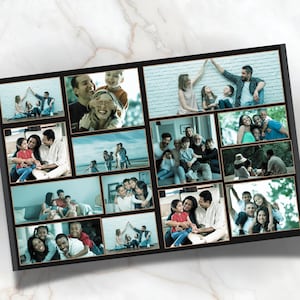 May include: A black framed collage of family photos. The collage is divided into multiple rectangular sections, each containing a different photograph of families and individuals. The photos depict various family moments, including children, parents, and grandparents.