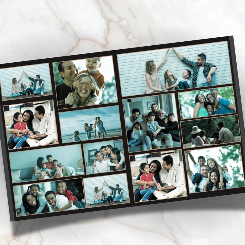 May include: A black framed collage of family photos. The collage is divided into multiple rectangular sections, each containing a different photograph of families and individuals. The photos depict various family moments, including children, parents, and grandparents.