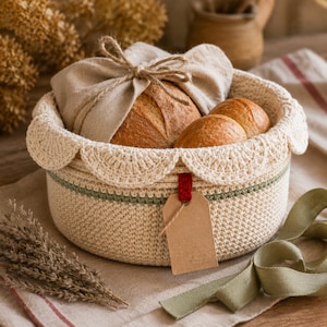 May include: A round, cream-colored crocheted basket with a scalloped edge, a thin green horizontal stripe, and a red tab holding a blank brown paper tag. Inside, two round loaves of bread are partially covered by a beige linen cloth tied with twine.