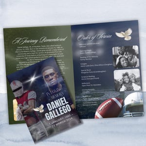 May include: A memorial service program with a football theme. The program features a photo of a man in a football uniform and a dove graphic. The text includes the name Daniel Gallego, dates, and an order of service.