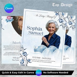 May include: A memorial card design with a portrait of a woman, Sophia Samuel, and the text "In Loving Memory Of." The card includes dates, floral accents, and the Canva logo. The design is on a white background.