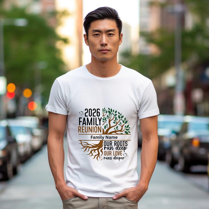 May include: White t-shirt with a family reunion design. The shirt features the text "2026 Family Reunion" with a tree graphic and the words "Our roots run deep, our love runs deeper."