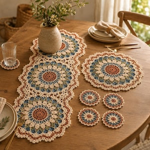 May include: A crochet table runner and matching placemat set featuring circular mandala patterns in cream, rust orange, sage green, and slate blue. The set includes one long runner, one large round placemat, and five small round coasters.