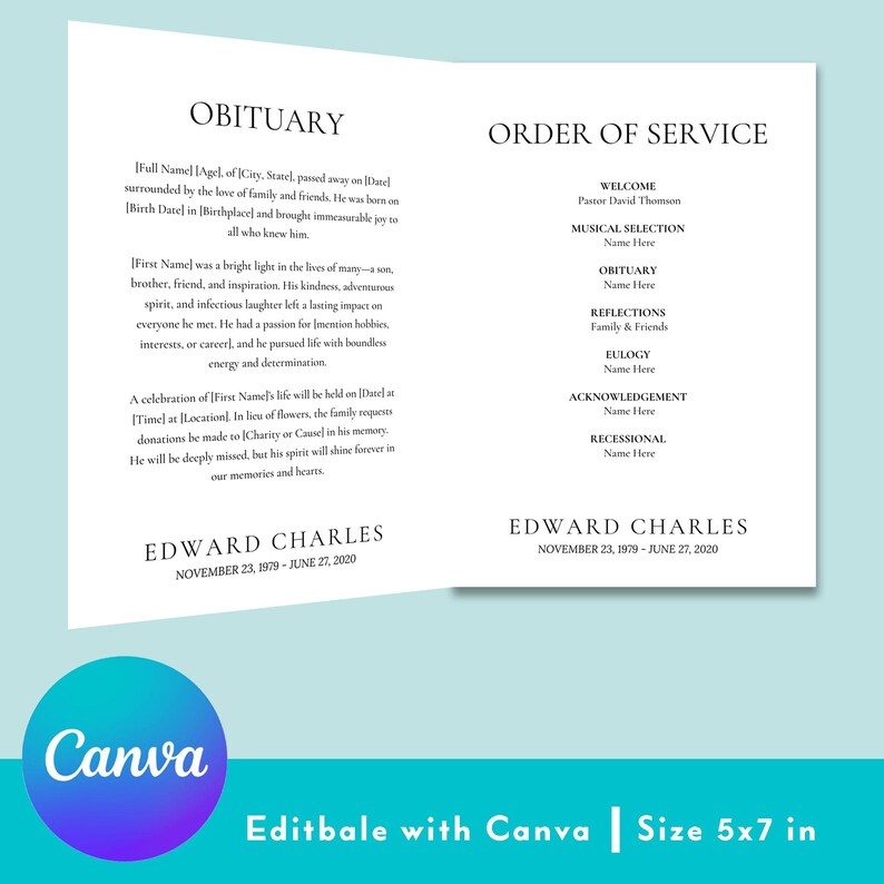 Recessional Message Minimalist Funeral Program Template: Order of Service (downloadable ...