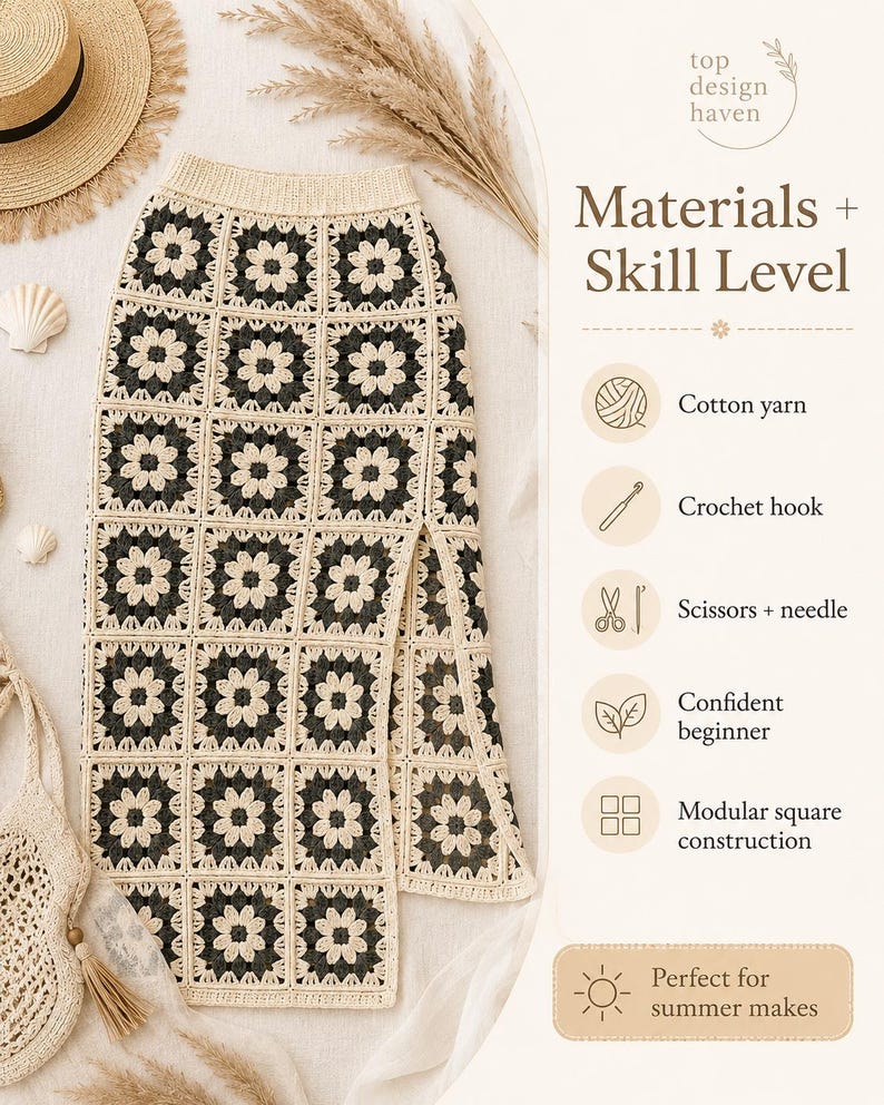 Daisy Granny Square Skirt Crochet Pattern PDF, Floral Crochet Maxi Skirt, Side Slit Skirt Pattern, Boho Summer Skirt XS-3XL Digital Download image 11