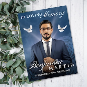 8 Page Blue Funeral Template, 8.5x11&quot; Elegant Blue Obituary Program, Bi-Fold Funeral Program, Memorial Celebration of Life