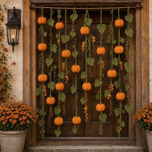 Pumpkin Patch Vine Garland Curtain Crochet Pattern PDF, Autumn Doorway Curtain Pattern, Mantel Garland in Eng Fr & Es, Fall Home Decor PDF