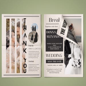 May include: A wedding invitation designed to look like a newspaper. The left side says "THANK YOU" with a photo of a couple. The right side is a wedding announcement with the names Donna and Alexander, date, time, and address.