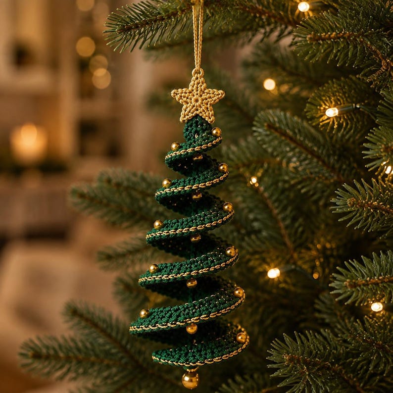 May include: A spiral-shaped Christmas tree ornament made of dark green crocheted yarn, featuring a gold-colored star at the top and small gold beads attached along the edges of the spiral. A gold string loop is attached to the star.