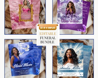 Paquete de programa funerario de 8 páginas, plantilla de obituario editable en Canva, folleto funerario de 8.5x11 y 17x11 pulgadas, programa de celebración de la vida para mujeres.