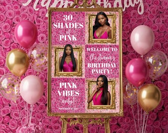 Rosa Rosen Geburtstag Willkommensschild, bearbeitbare Fotovorlage (Canva, Instant Download)