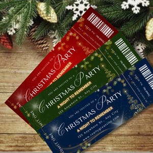 Pode incluir: Vários bilhetes de festa de Natal em vermelho, verde e azul. Cada bilhete apresenta "Christmas Party" em escrita cursiva, com detalhes do evento e um código de barras. Design festivo com detalhes dourados.