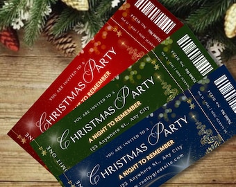 May include: A stack of Christmas party tickets in red, green, and blue. Each ticket features the words "Christmas Party" in elegant script, with event details and a barcode. Festive design with gold accents.