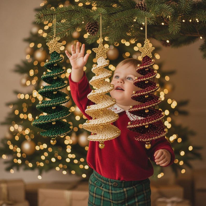 May include: Three spiral-shaped Christmas tree ornaments made of crocheted yarn in dark green, cream, and deep red. Each ornament features a gold-colored star at the top, gold beads along the spiral edges, and a gold bell at the base.