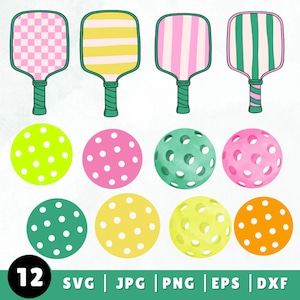 12 Pickleball SVG Clip Art Paddle and Ball PNG motif rayures aquarelle sport baby shower EVJF inviter ClipArt numérique ensemble numérique
