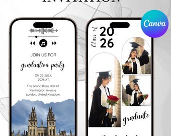 Plantilla de Canva para sitio web de graduación con seguimiento de RSVP, promoción de 2026. Anuncio interactivo de graduación con RSVP. Página web del evento de graduación.