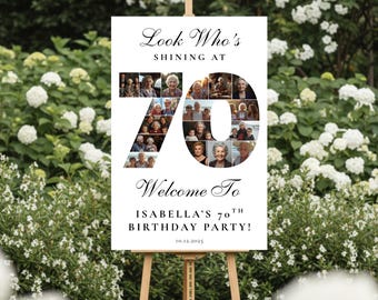 70. Geburtstag Foto-Collage Zeichen, 70 Jahre Geburtstag feiern, Party Willkommensschild, Foto Montage Display Poster, Canva Vorlage