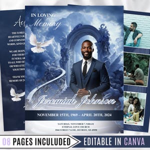 Könnte beinhalten: Ein marineblaues Trauerprogramm mit dem Text "In Loving Memory" und "Jeremiah Johnson". Das Programm enthält ein Foto eines Mannes im Anzug, Tauben und die Daten 15. November 1969 - 20. April 2024. Das Programm ist in Canva bearbeitbar.