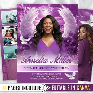 May include: A purple memorial service template featuring a smiling woman with long dark hair, angel wings, and doves. The text includes "In Loving Memory," the name "Amelia Miller," and dates. Additional text indicates "8 Pages Included" and "Editable in Canva."