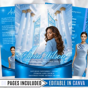 May include: A blue memorial service announcement with a photo of a woman, the name "Olivia Wilson", and dates. The design includes columns, gates, and text that reads "Eternal Love Church" and "Editable in Canva".