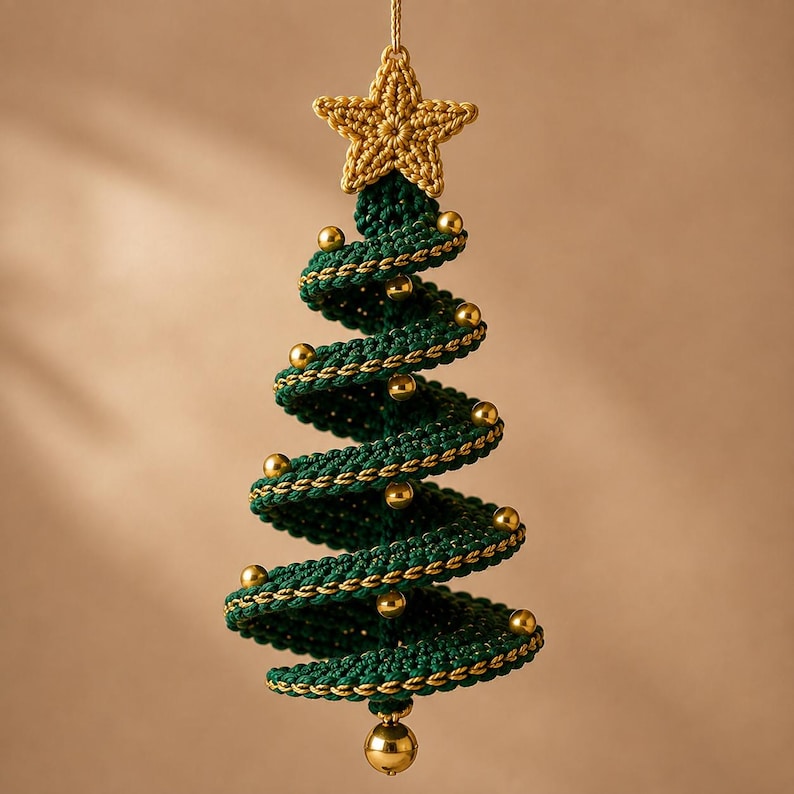May include: A spiral-shaped Christmas tree ornament crafted from dark green yarn with gold metallic trim. The tree is topped with a crocheted gold star and decorated with small, shiny gold spherical beads along the spiraling branches.