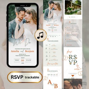 May include: A digital wedding invitation template displayed on a smartphone screen, featuring a photograph of a couple, the text We Do, Amelia and Benjam, and event details. The design includes a music icon, a programme timeline, and an RSVP section.