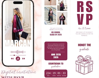 Plantilla de sitio web de graduación dibujada a mano con confirmación de asistencia, sitio web de invitación de graduación editable en Canva para la promoción de 2026, página de evento de graduación con confirmación de asistencia rastreable