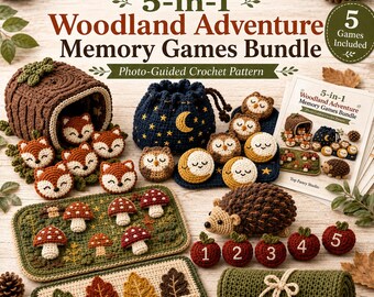 Paquete de patrones de ganchillo 5 en 1 con temática de bosque, juegos de memoria en PDF, clasificación de hojas con zorros, búhos, setas y erizos, y patrón de juguete de ganchillo para niños.