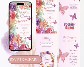 Invitación para baby shower "Baby in Bloom" con confirmación de asistencia, plantilla floral editable de flores silvestres, linda niña con mariposas, invitación digital de Canva.