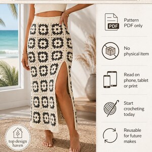 May include: A crochet skirt featuring a repeating pattern of black and cream-colored floral granny squares. The skirt has a high-waisted design and a long side slit. The image includes text: Instant Digital Download, Pattern PDF only, No physical item, Read on phone, tablet or print, Start crocheting today, Reusable for future makes, top design haven, BEAUTIFUL MODERN TIMELESS.