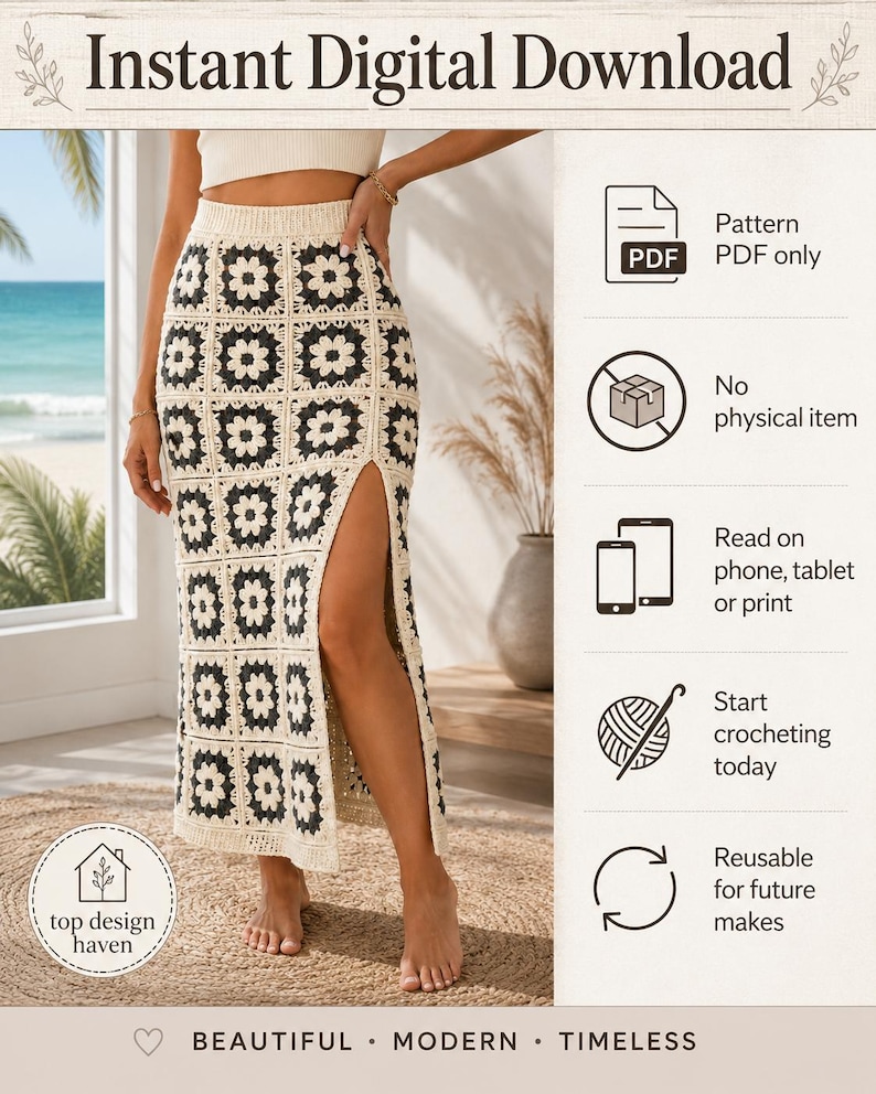 May include: A crochet skirt featuring a repeating pattern of black and cream-colored floral granny squares. The skirt has a high-waisted design and a long side slit. The image includes text: Instant Digital Download, Pattern PDF only, No physical item, Read on phone, tablet or print, Start crocheting today, Reusable for future makes, top design haven, BEAUTIFUL MODERN TIMELESS.