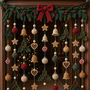 May include: A crochet Christmas garland featuring a large red bow, green pine branches, and hanging strings of ornaments. The ornaments include crocheted bells, stars, hearts, spheres, and holly leaves in red, green, cream, and gold yarn colors.