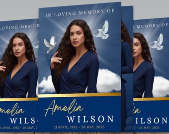 Blue & Gold Funeral Program Template: 8-Page Memorial (Digital Download)