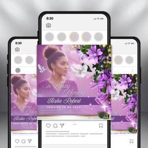 May include: A digital memorial announcement displayed on a smartphone screen. The design includes a woman's portrait, purple flowers, and the text "In Loving Memory Elisha Robert". The announcement is framed by a smartphone interface.