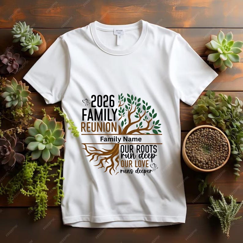 May include: White t-shirt with a family reunion design. The design includes the text "2026 Family Reunion", a tree graphic, and the phrase "Our Roots Run Deep, Our Love Runs Deeper". The shirt is surrounded by succulents.