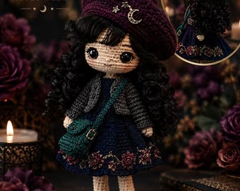 Patrón de ganchillo Midnight Moon Rose Belle en PDF, patrón de muñeca amigurumi gótica, muñeca de ganchillo estilo Dark Academia, descarga instantánea.