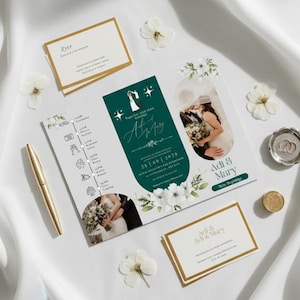May include: Wedding invitation suite featuring a teal and white design with floral accents. Includes an invitation, RSVP card, and details card. The invitation features a photo of a couple and the names "Adi & Mary."