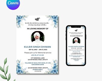 Plantilla de invitación para funeral sij, invitación para Antim Ardas Bhog en punjabi, tarjeta funeraria editable en Canva, invitación conmemorativa india de descarga instantánea.
