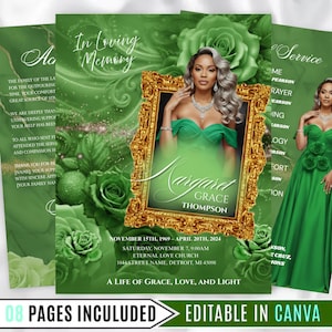 May include: Green memorial service template with a photo of a woman in a green dress, framed in gold. The text includes the name "Margaret Grace Thompson", dates, and service details. The design features roses and the text "In Loving Memory".