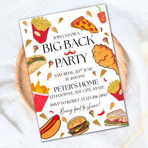 May include: A white invitation with a red and yellow food theme. The text reads "Join us for a Big Back Party" with a mustache graphic. The invitation details a party on Saturday, June 20th at 4:00 PM at Peter's Home, 123 Food St, Any City, State. The invitation also includes the RSVP information to contact Robert at 123 456 7890. The invitation ends with the text "Bring food to share!"