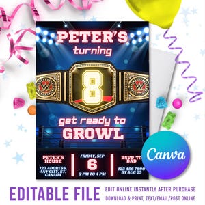 Invitación de cumpleaños de lucha libre: invitación con cinturón de campeonato, boleto de boxeo y MMA editable, plantillas digitales de tarjetas de invitación de la WWE (descarga instantánea)