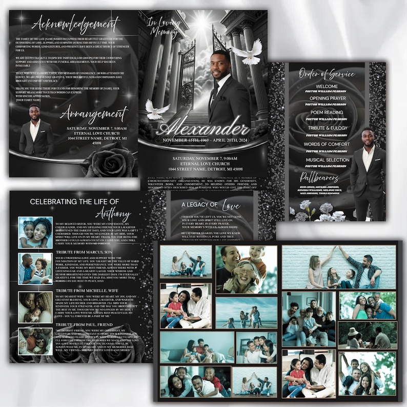 May include: A collection of memorial service materials in black and white. The design includes photos, text, and decorative elements. The central piece features a photo of a man and the name "Alexander". Other elements include an order of service and tributes.