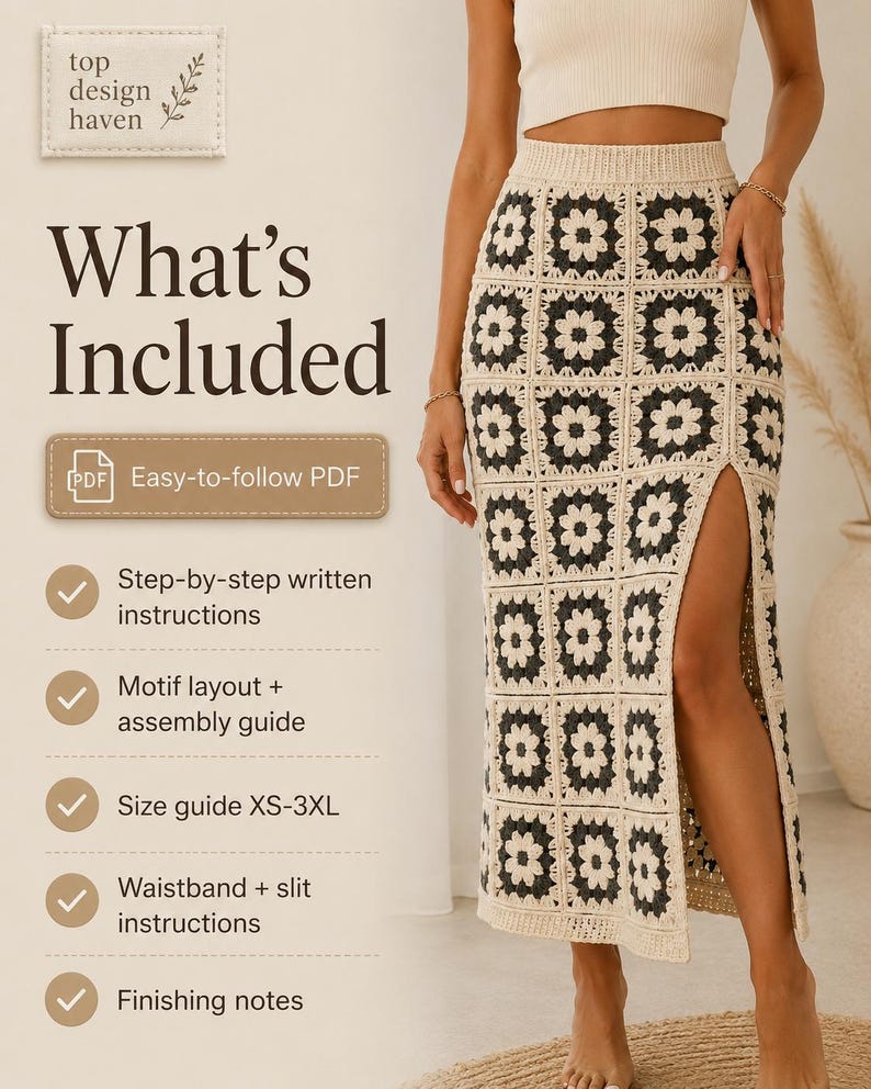 May include: A crochet maxi skirt featuring a repeating pattern of dark gray and cream-colored floral granny squares, a high-waisted ribbed band, and a side slit. The image includes text: What's Included, Easy-to-follow PDF, Step-by-step written instructions, Motif layout + assembly guide, Size guide XS-3XL, Waistband + slit instructions, Finishing notes.